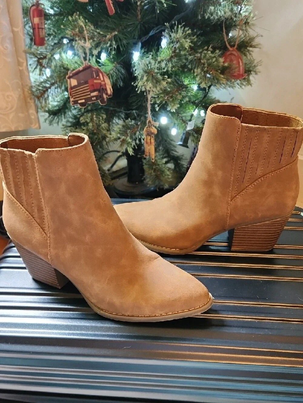 a.n.a Tan Suede Ankle Booties with Stacked Heel - Picture 3 of 10